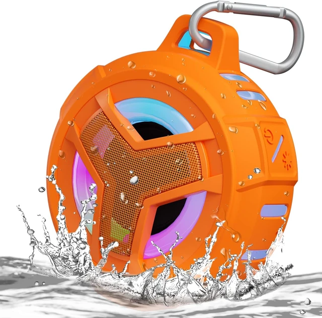 Alt view image 5 of 5 - Bluetooth Shower Waterproof Speaker Portable Gifts for Kayak Teens | IP67 Small Mini Speakers with LED Light, Floating, 2000mAh, True Wireless Stereo for Hiking, Beach, Stuff for Boys Men-Black Orange
