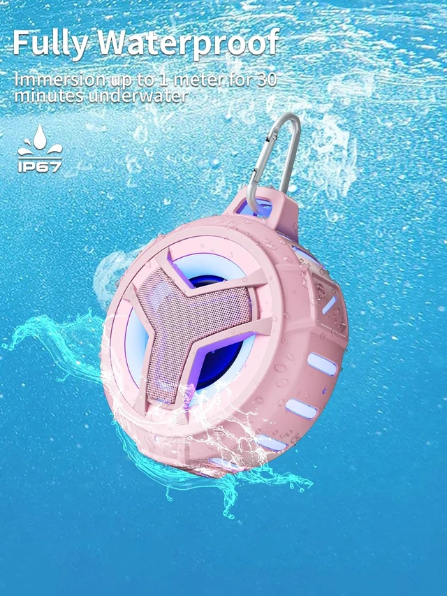 Alt view image 4 of 4 - Bluetooth Shower Waterproof Speaker Portable Gifts for Kayak Teens | IP67 Small Mini Speakers with LED Light, Floating, 2000mAh, True Wireless Stereo for Hiking, Beach, Stuff for Boys Men-Black Pink