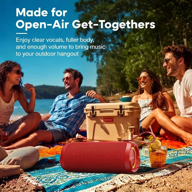 Alt view image 2 of 5 - Portable Bluetooth Speaker, 15W Waterproof, RGB Light, TWS, Blue | Dual passive radiators, Bluetooth 5.3, IPX6 splash-ready, TWS stereo, RGB lights and hands-free calls for home and travel use Red