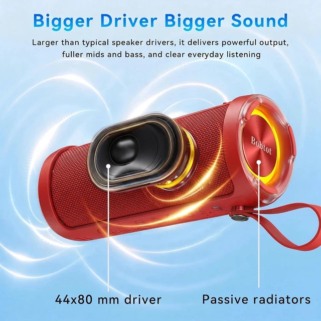 Alt view image 4 of 5 - Portable Bluetooth Speaker, 15W Waterproof, RGB Light, TWS, Blue | Dual passive radiators, Bluetooth 5.3, IPX6 splash-ready, TWS stereo, RGB lights and hands-free calls for home and travel use Red