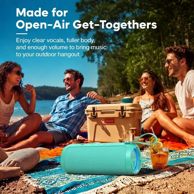 Alt view image 2 of 4 - Portable Bluetooth Speaker, 15W Waterproof, RGB Light, TWS, Blue | Dual passive radiators, Bluetooth 5.3, IPX6 splash-ready, TWS stereo, RGB lights and hands-free calls for home and travel use Teal