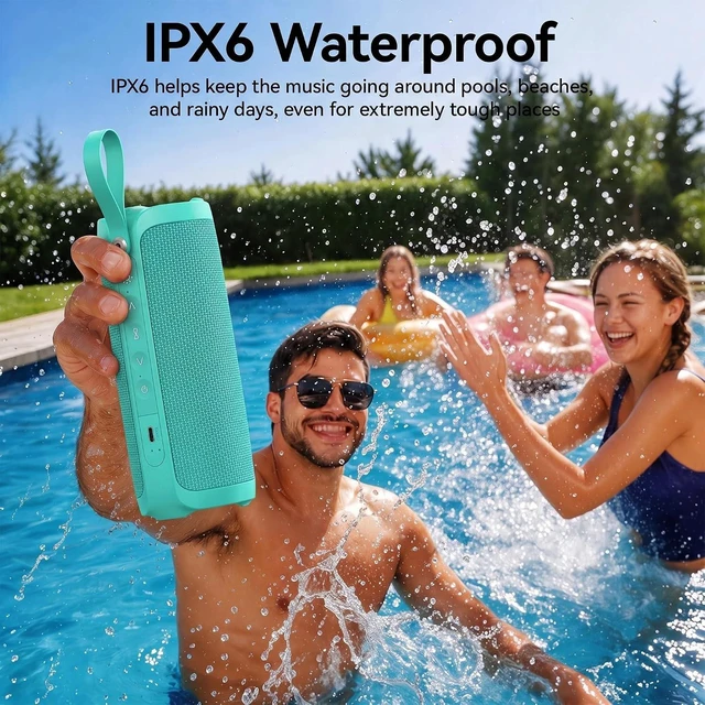 Main image of Portable Bluetooth Speaker, 15W Waterproof, RGB Light, TWS, Blue | Dual passive radiators, Bluetooth 5.3, IPX6 splash-ready, TWS stereo, RGB lights and hands-free calls for home and travel use Teal