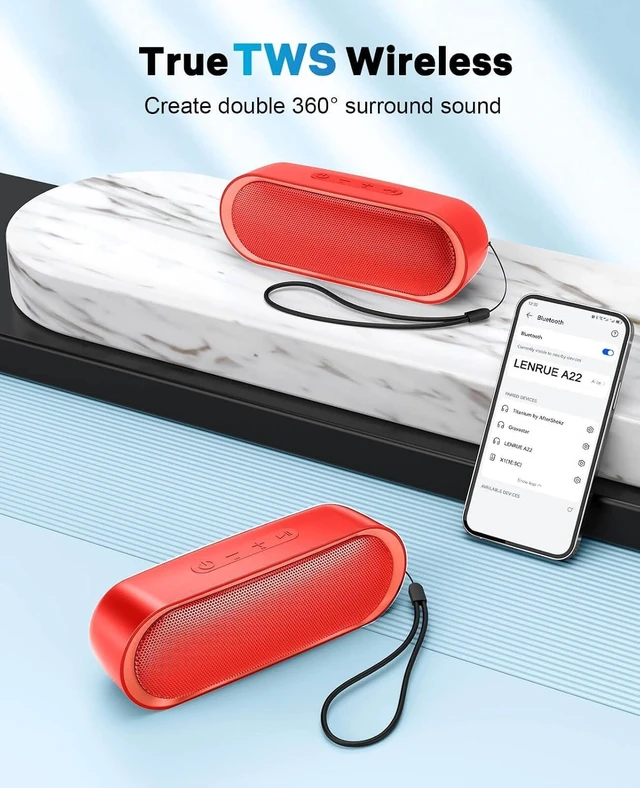 Alt view image 3 of 4 - Bluetooth Speakers, Waterproof Portable Speakers with TWS, 24 Playtime, Stereo Sound, Wireless for Home Shower Pool Beach Outdoor Red