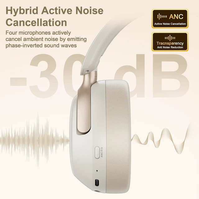 Main image of QC30 Hybrid Active Noise Cancelling Headphones, 60H Playtime, Built-in Mic, Wireless Over Ear Headsets with Case,Bluetooth 5.4,Deep Bass Comfort Fit Soft-Earpads Fast Charging -Dunes Grey Beige White