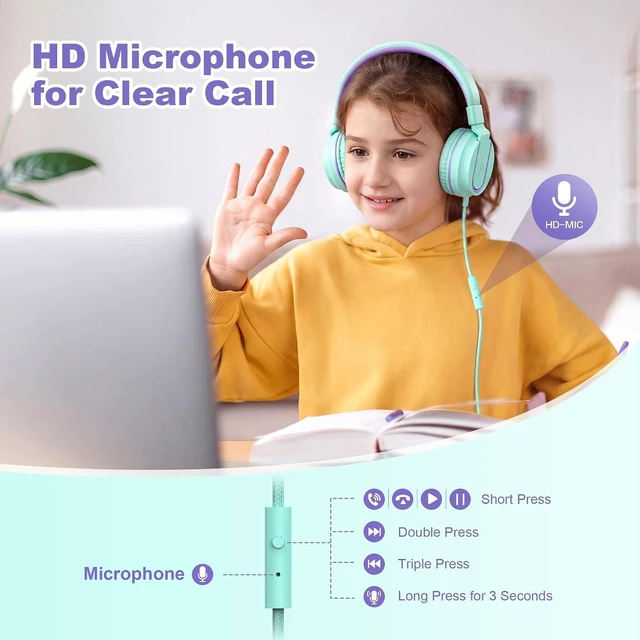 Alt view image 3 of 4 - Kids Headphones for School with Microphone, 93dB Volume Limited, PinkPurple | Wired On Ear Headphones for Girls Boys, Foldable Lightweight Headphone Blue