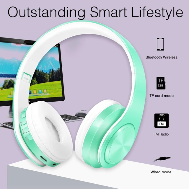 Alt view image 4 of 4 - V5.3 Bluetooth Headphones Over-Ear Wireless Stereo Headset, Pink | Foldable,Micro SD/TF,FM for Cell Phone,PC,Soft Earmuffs & Light Weight for Prolonged Wearing Green