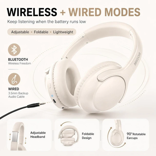 Main image of Bluetooth Headphones Over Ear Wireless Headsets 68H,Stereo Bass,6EQ,Orange | With Built-in Mic,Adjustable Headband Foldable Portable Lightweight for Office/Travel/Tablet//Laptop/,Wired by Aux 3.5mm