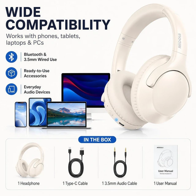 Alt view image 3 of 5 - Bluetooth Headphones Over Ear Wireless Headsets 68H,Stereo Bass,6EQ,Orange | With Built-in Mic,Adjustable Headband Foldable Portable Lightweight for Office/Travel/Tablet//Laptop/,Wired by Aux 3.5mm