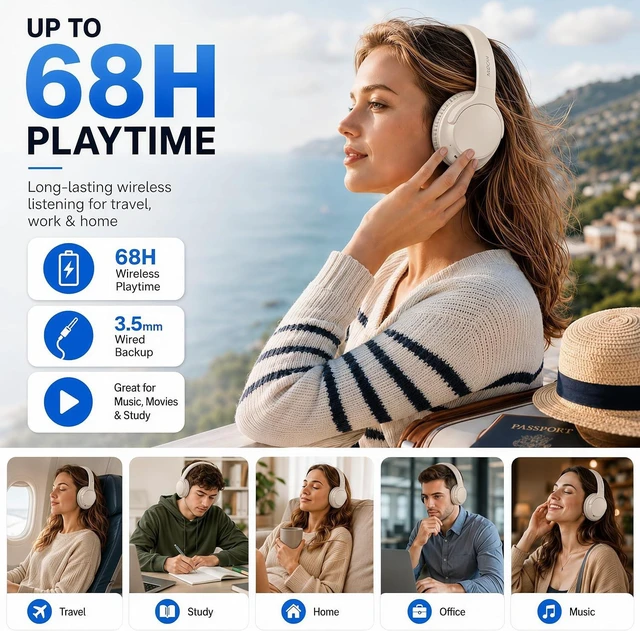 Alt view image 2 of 5 - Bluetooth Headphones Over Ear Wireless Headsets 68H,Stereo Bass,6EQ,Orange | With Built-in Mic,Adjustable Headband Foldable Portable Lightweight for Office/Travel/Tablet//Laptop/,Wired by Aux 3.5mm