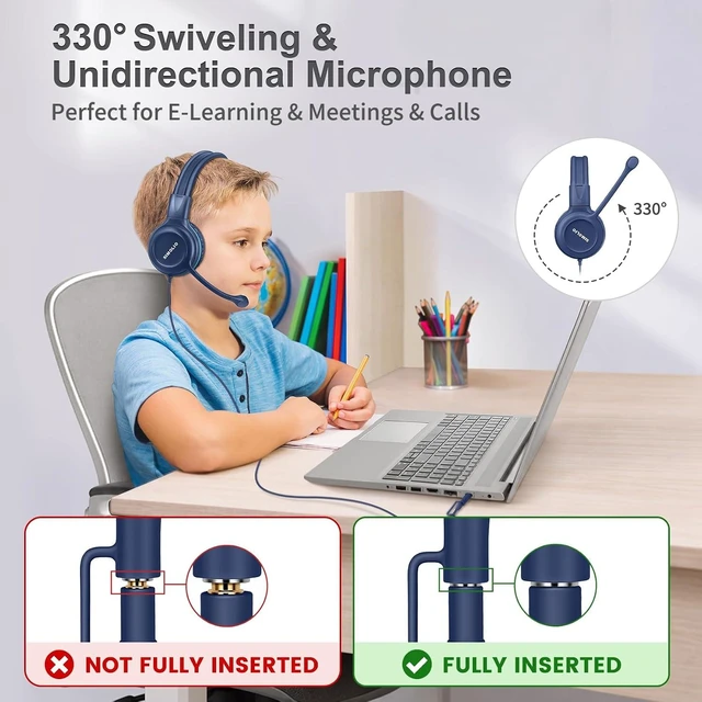 Alt view image 3 of 4 - Wired Headphones for School with Microphone, Kids Headset for PC | Noise-Reducing Boom Mic with Mute, Volume Limit(75/85/94dB), Durable Foldable PC Headset for Students K12, Teachers & Gaming