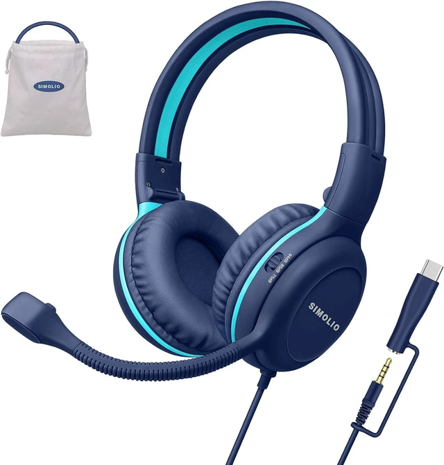 Alt view image 4 of 4 - Wired Headphones for School with Microphone, Kids Headset for PC | Noise-Reducing Boom Mic with Mute, Volume Limit(75/85/94dB), Durable Foldable PC Headset for Students K12, Teachers & Gaming