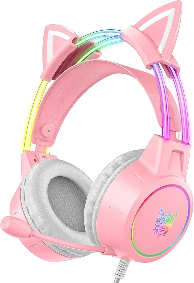 Alt view image 2 of 4 - Lightweight Gaming Headset, RGB Lighting, Wired Over Ear Headphones with Mic for PC Laptop PS4 PS5 Switch, Stereo Surround Sound, Self-Adjusting Headband, Black Cat Ear Pink Cat Ear