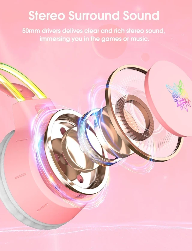 Alt view image 4 of 4 - Lightweight Gaming Headset, RGB Lighting, Wired Over Ear Headphones with Mic for PC Laptop PS4 PS5 Switch, Stereo Surround Sound, Self-Adjusting Headband, Black Cat Ear Pink Cat Ear