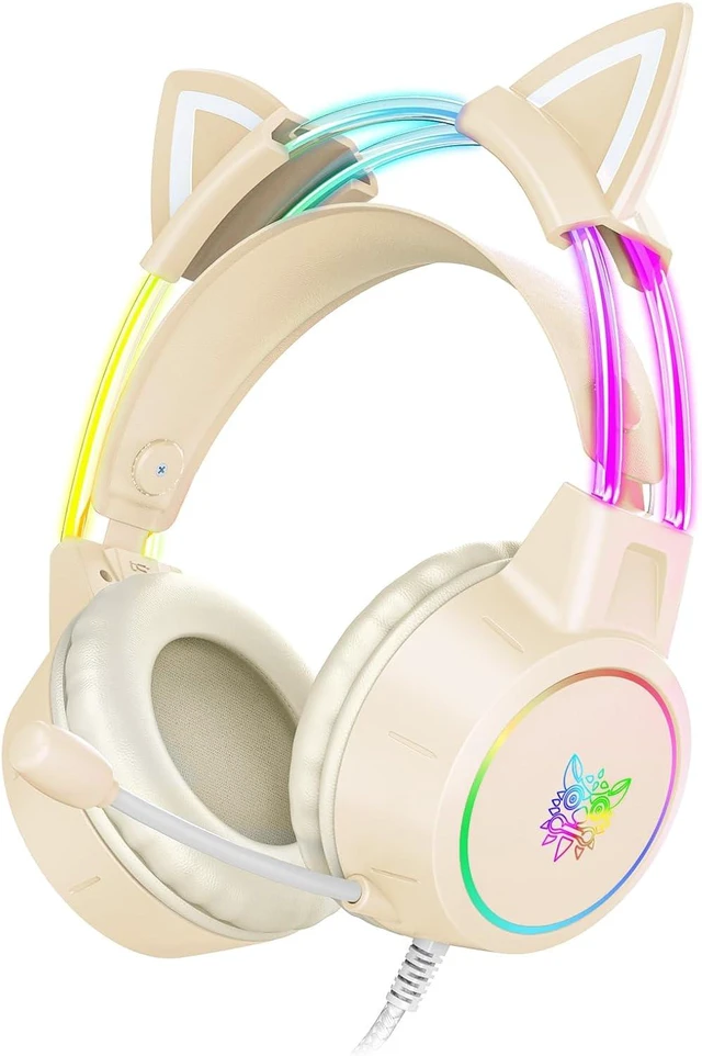 Alt view image 2 of 4 - Lightweight Gaming Headset, RGB Lighting, Wired Over Ear Headphones with Mic for PC Laptop PS4 PS5 Switch, Stereo Surround Sound, Self-Adjusting Headband, Black Cat Ear Beige Cat Ear