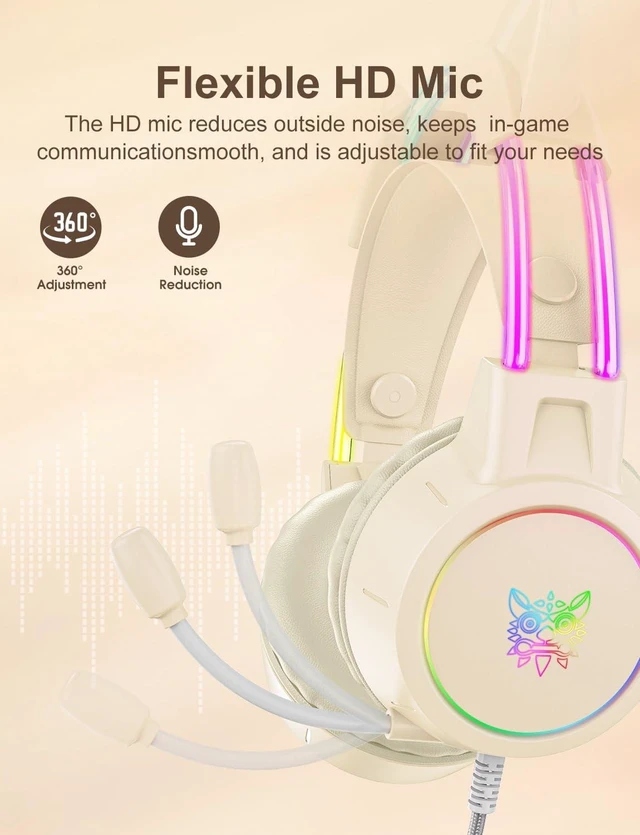 Alt view image 3 of 4 - Lightweight Gaming Headset, RGB Lighting, Wired Over Ear Headphones with Mic for PC Laptop PS4 PS5 Switch, Stereo Surround Sound, Self-Adjusting Headband, Black Cat Ear Beige Cat Ear