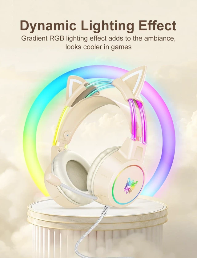 Main image of Lightweight Gaming Headset, RGB Lighting, Wired Over Ear Headphones with Mic for PC Laptop PS4 PS5 Switch, Stereo Surround Sound, Self-Adjusting Headband, Black Cat Ear Beige Cat Ear