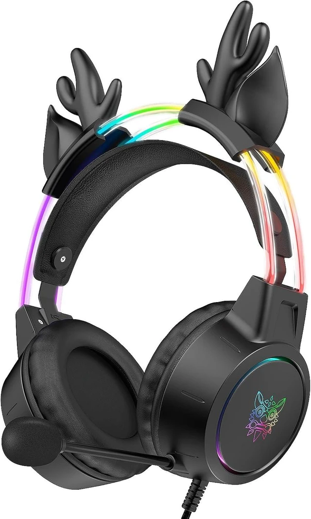 Main image of Lightweight Gaming Headset, RGB Lighting, Wired Over Ear Headphones with Mic for PC Laptop PS4 PS5 Switch, Stereo Surround Sound, Self-Adjusting Headband, Black Cat Ear Black Deer Ear