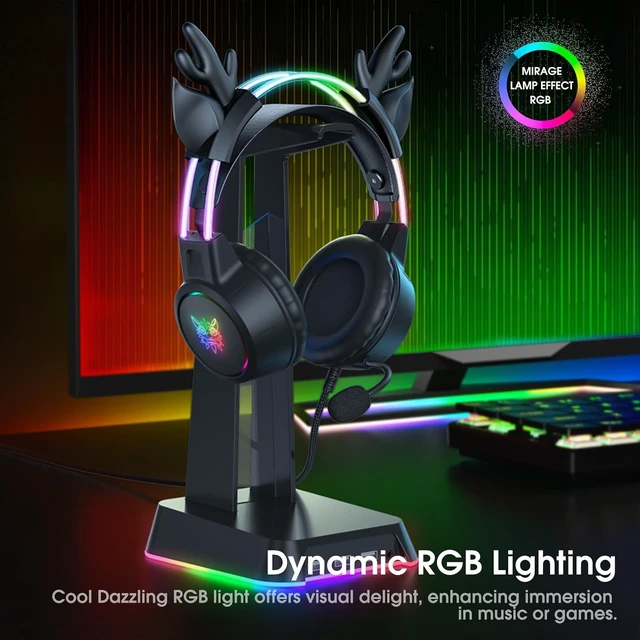 Alt view image 3 of 4 - Lightweight Gaming Headset, RGB Lighting, Wired Over Ear Headphones with Mic for PC Laptop PS4 PS5 Switch, Stereo Surround Sound, Self-Adjusting Headband, Black Cat Ear Black Deer Ear