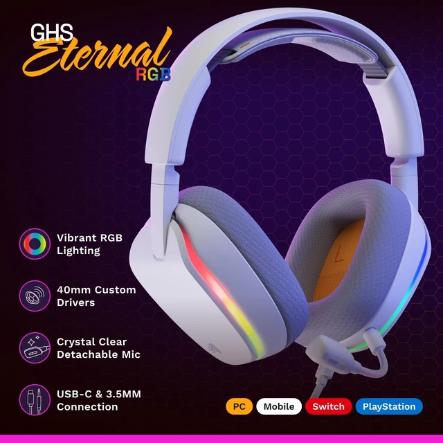 Main image of GHS Eternal RGB - Wired Gaming Headset - PC, PS5, PS4 - Black | Custom Tuned Angled Drivers, Detachable Mic, Memory Foam Comfort, On-Ear Controls, USB-C Multi-Platform System Connection White RGB