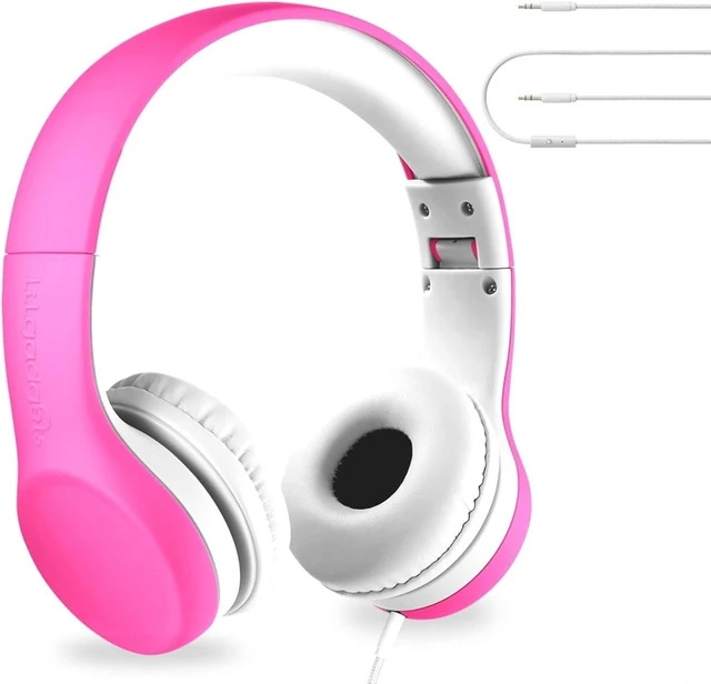 Main image of Connect+ Pro Wired Kids Headphones for School with Microphone, Volume Limiting Over-Ear Headset with Cord, SharePort Technology & SoftTouch Padding Pink - 2 Tone