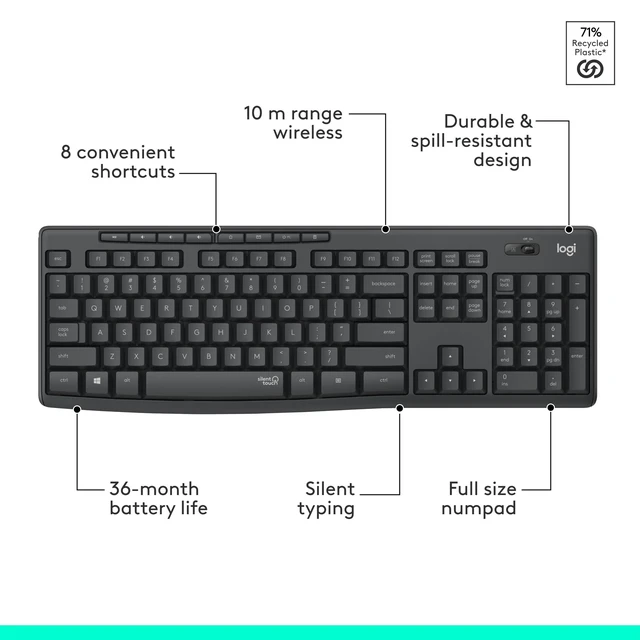 Alt view image 7 of 7 - MK295 Full Size Silent Wireless Keyboard Mouse Combo - Graphite | Full size keyboard with SilentTouch technology, compact ambidextrous mouse with silent click switches, Windows compatible