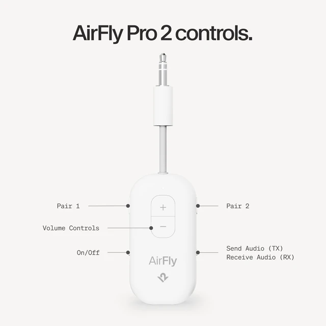 Alt view image 7 of 7 - AirFly Pro 2, Bluetooth Adapter, Pair 2 AirPods, White | Pair 2 AirPods or Wireless Headphones 3.5mm AUX Bluetooth Transmitter and Receiver for Cars, Boats, Treadmills, TVs & More