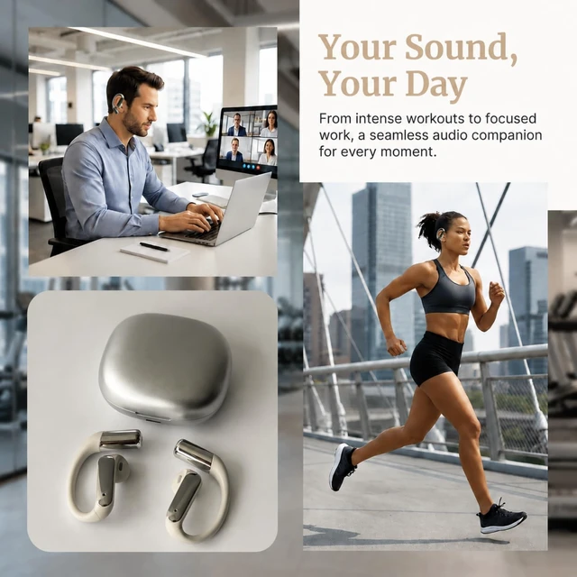 Alt view image 5 of 7 - Wireless Headphones, Bluetooth 5.4 Open Ear Earbuds, Earbuds with A Long Hook with Clear Calls, Long Playtime, Comfortable Secure Fit for Gym, Work & Driving