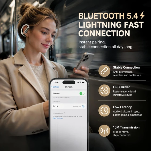 Alt view image 4 of 7 - Wireless Headphones, Bluetooth 5.4 Open Ear Earbuds, Earbuds with A Long Hook with Clear Calls, Long Playtime, Comfortable Secure Fit for Gym, Work & Driving