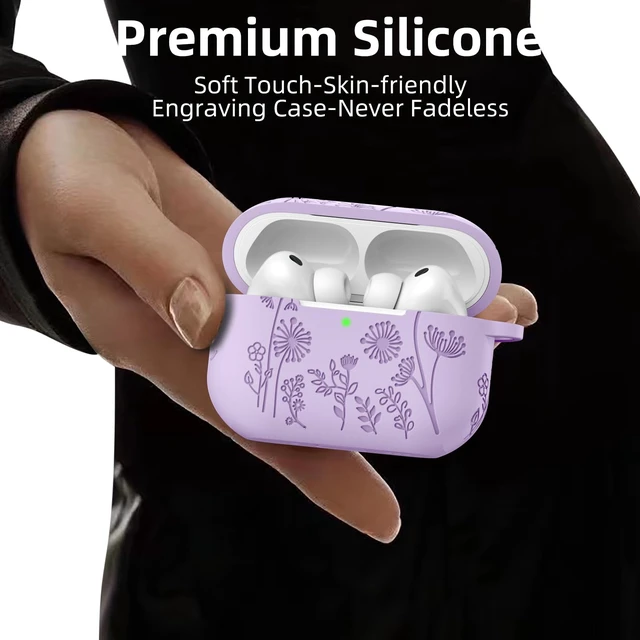 Alt view image 4 of 6 - for AirPods Pro 3 Case with Cleaner Kit & Keychain, Lavender | Flower Engraved Silicone Cover Compatible with Apple AirPod Pro 3 Case Cute for Women, Scratchproof, Shockproof, Dustproof
