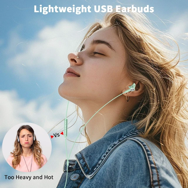 Alt view image 2 of 7 - USB Earbuds Wired with Microphone for PC,USB-A Headset for Computer | Wired USB Headsphones with Mic/7.5ft long Cord,Magnetic Corded Headset for HP/Dell Laptop Home Office Zoom School,Green