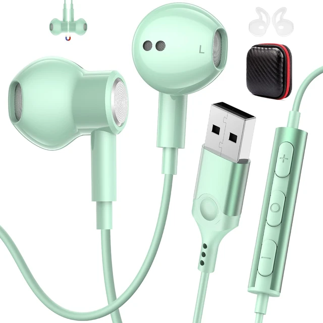 Main image of USB Earbuds Wired with Microphone for PC,USB-A Headset for Computer | Wired USB Headsphones with Mic/7.5ft long Cord,Magnetic Corded Headset for HP/Dell Laptop Home Office Zoom School,Green