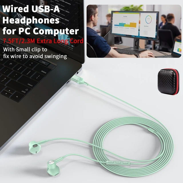 Alt view image 3 of 7 - USB Earbuds Wired with Microphone for PC,USB-A Headset for Computer | Wired USB Headsphones with Mic/7.5ft long Cord,Magnetic Corded Headset for HP/Dell Laptop Home Office Zoom School,Green