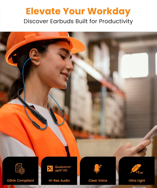 Alt view image 6 of 6 - Bluetooth Work Headphones with Replaceable Earbuds, OSHA, 27dB NRR | Extra Earbud Pair Included | Noise Reduction for Warehouses & Noisy Workplaces | aptX Adaptive/HD | 24H Playtime | CVC Mic