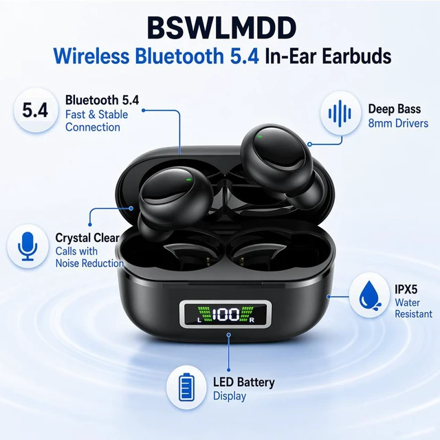 Alt view image 2 of 7 - Wireless Bluetooth 5.4 Small in-Ear Headphones, Hi-Fi Stereo Sound | Featuring a waterproof design and a built-in microphone for clear calls, it is the top choice for sports and music.