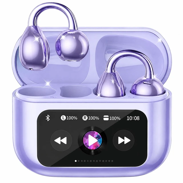 Main image of M100 Clip On Earbuds with Touchscreen Case , Open Ear Wireless Headphones for Glasses & Small Ears ,50H Total Battery, Bluetooth 6.0, IPX7 Waterproof,Ultra-Light 4g for Running & Workouts,purple