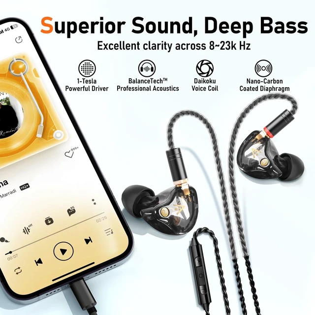 Alt view image 3 of 7 - Vibes 202M HiFi Wired Earbuds in-Ear Monitor Headphones with Mic | Clear Sound, Deep Bass, Noise-Isolating Ear Buds, Silver-Plated Cord, Gaming IEM Earphones, Comfort Fit, Case, 3.5mm Plug