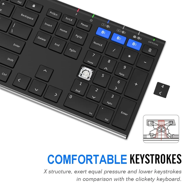 Alt view image 4 of 7 - HB192 Universal Bluetooth Keyboard Multi-Device Stainless Steel Full Size Wireless Keyboard for Windows iOS Android Computer Desktop Laptop Surface Tablet Smartphone Rechargeable Battery