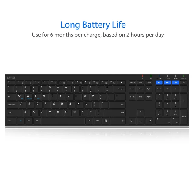 Alt view image 5 of 7 - HB192 Universal Bluetooth Keyboard Multi-Device Stainless Steel Full Size Wireless Keyboard for Windows iOS Android Computer Desktop Laptop Surface Tablet Smartphone Rechargeable Battery