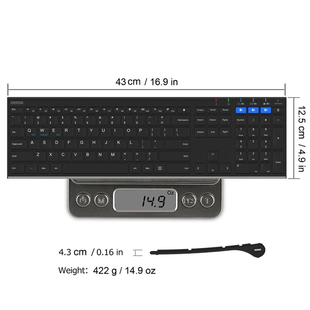Alt view image 6 of 7 - HB192 Universal Bluetooth Keyboard Multi-Device Stainless Steel Full Size Wireless Keyboard for Windows iOS Android Computer Desktop Laptop Surface Tablet Smartphone Rechargeable Battery