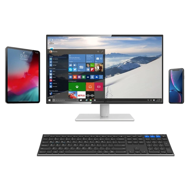 Alt view image 7 of 7 - HB192 Universal Bluetooth Keyboard Multi-Device Stainless Steel Full Size Wireless Keyboard for Windows iOS Android Computer Desktop Laptop Surface Tablet Smartphone Rechargeable Battery