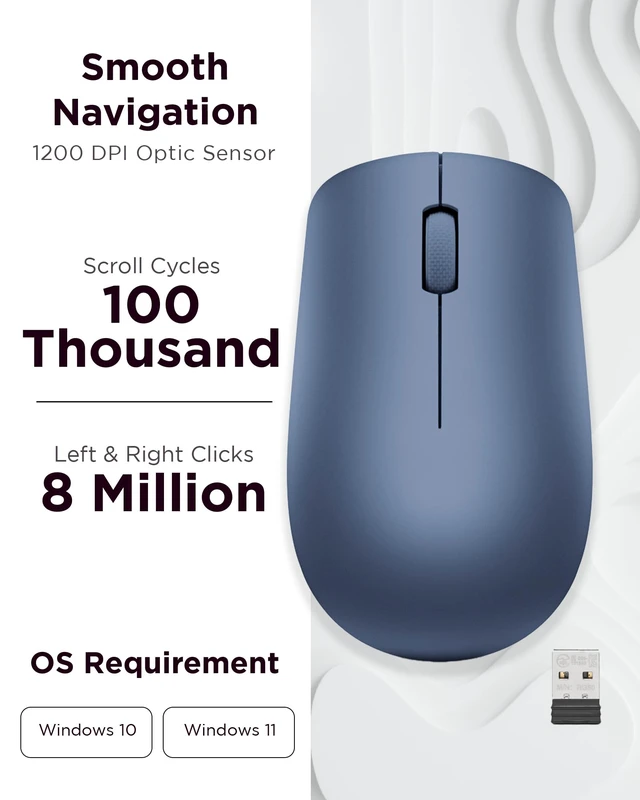 Alt view image 3 of 7 - 530 Wireless Mouse with Battery, 2.4GHz Nano USB, 1200 DPI Optical Sensor, Ergonomic for Left or Right Hand, Lightweight, GY50Z18986, Abyss Blue