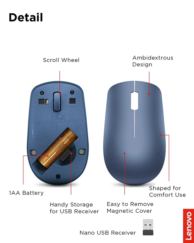 Alt view image 6 of 7 - 530 Wireless Mouse with Battery, 2.4GHz Nano USB, 1200 DPI Optical Sensor, Ergonomic for Left or Right Hand, Lightweight, GY50Z18986, Abyss Blue