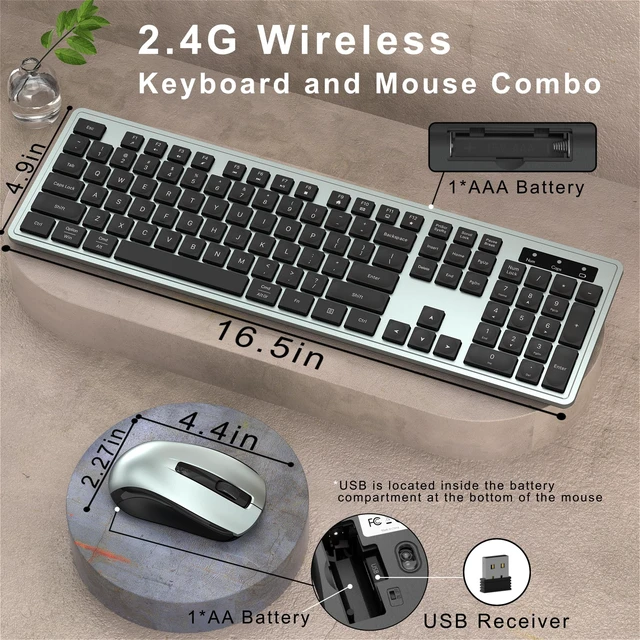 Alt view image 6 of 6 - Wireless Keyboard and Mouse Combo for PC and Laptop (Gray) | Full-Size 104-Key Office Keyboard with 15 Function Keys, Numeric Keypad, Single USB Receiver