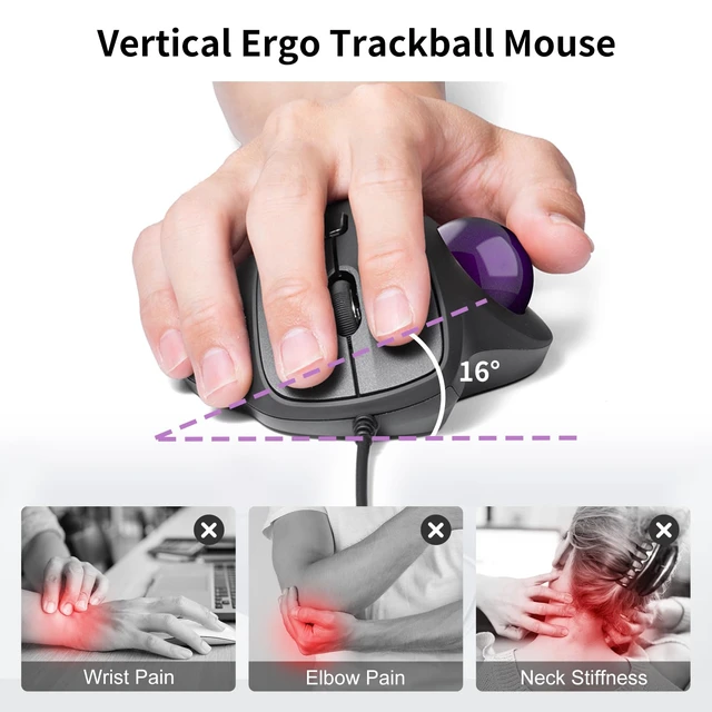 Alt view image 2 of 7 - Wired Trackball Mouse, USB-C/A, Silent Clicks, Programmable, Purple | Right-hand Thumb Control, 600-1600 DPI, Smooth Roller Ball, Wrist Relief, Plug-and-Play, Compatible Win/ Mac, Remap Software