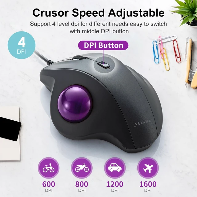 Alt view image 4 of 7 - Wired Trackball Mouse, USB-C/A, Silent Clicks, Programmable, Purple | Right-hand Thumb Control, 600-1600 DPI, Smooth Roller Ball, Wrist Relief, Plug-and-Play, Compatible Win/ Mac, Remap Software