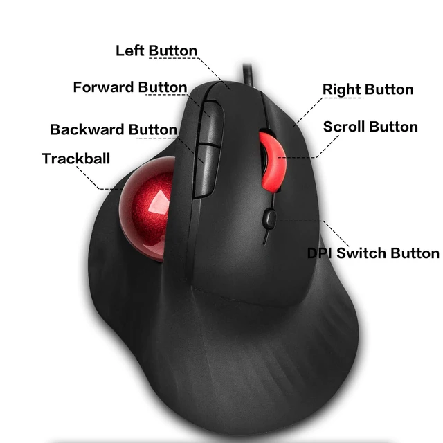 Alt view image 3 of 7 - Wired Trackball Mouse 6-Button Ergonomic Design with CPI Switch (400/800/1200/1600), Red LED Indicator, 250Hz Polling Rate, Plug & Play, for PC, Laptop, Desktop (Red)