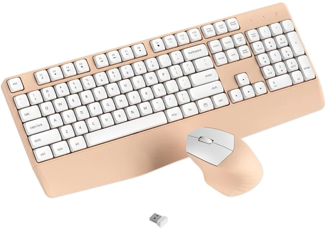 Main image of Ergonomic Wireless Keyboard and Mouse Combo with Wrist Rest, White Milk Tea | COVEVA Full Size Keyboard with 12 Dedicated Shortcuts, Smart Auto-Sleep, 2.4GHz Receiver, Natural Typing for PC Laptop