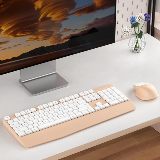 Alt view image 2 of 6 - Ergonomic Wireless Keyboard and Mouse Combo with Wrist Rest, White Milk Tea | COVEVA Full Size Keyboard with 12 Dedicated Shortcuts, Smart Auto-Sleep, 2.4GHz Receiver, Natural Typing for PC Laptop