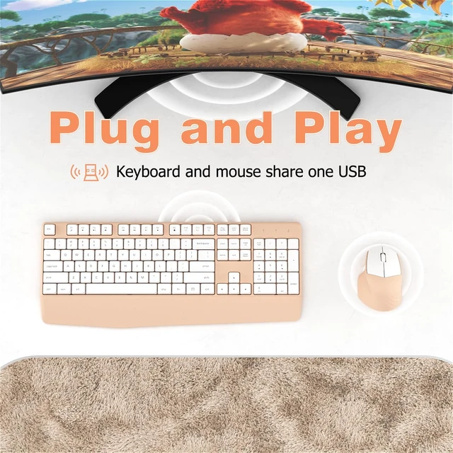 Alt view image 4 of 6 - Ergonomic Wireless Keyboard and Mouse Combo with Wrist Rest, White Milk Tea | COVEVA Full Size Keyboard with 12 Dedicated Shortcuts, Smart Auto-Sleep, 2.4GHz Receiver, Natural Typing for PC Laptop