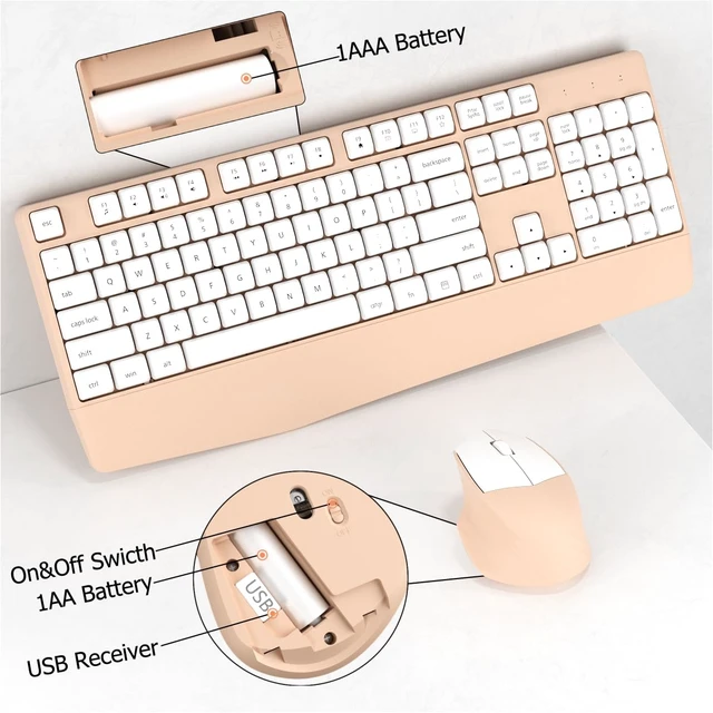 Alt view image 6 of 6 - Ergonomic Wireless Keyboard and Mouse Combo with Wrist Rest, White Milk Tea | COVEVA Full Size Keyboard with 12 Dedicated Shortcuts, Smart Auto-Sleep, 2.4GHz Receiver, Natural Typing for PC Laptop
